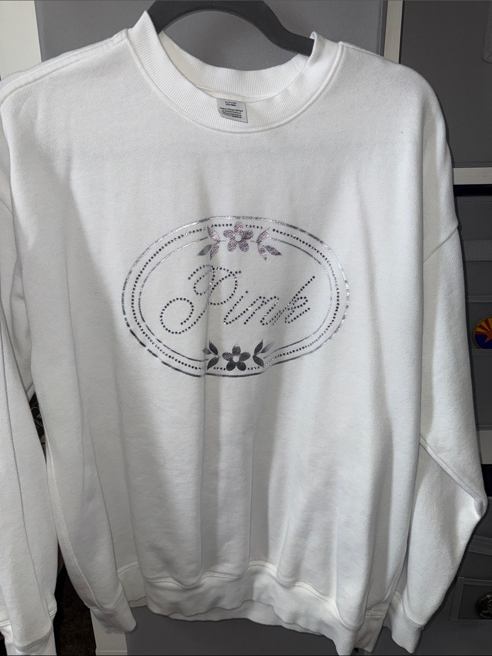 PINK Victoria's Secret White Rhinestone Floral Logo Sweatshirt